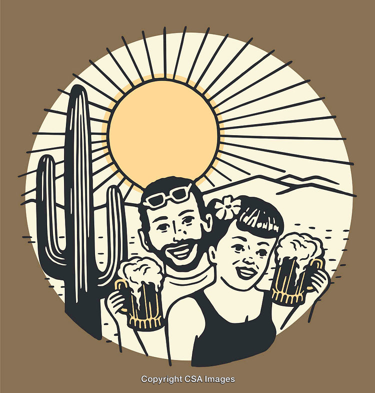 Retro Illustration of Couple Enjoying Beer in a Sunny Desert Landscape