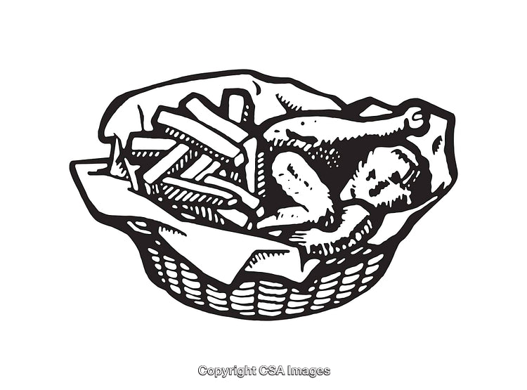 Basket of Fried Chicken and French Fries Illustration in Black and White