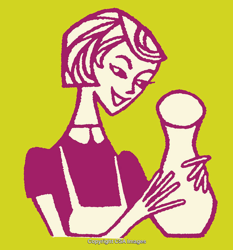 Retro Line Art Illustration of Woman Holding a Jug on Green Background