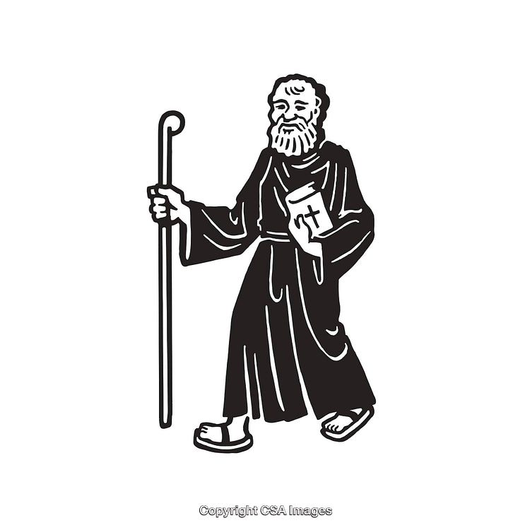 Black and White Line Art Illustration of a Shepherd with a Staff and Book