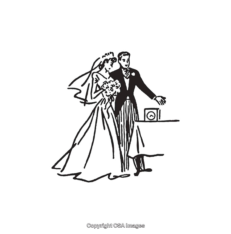 Elegant Black and White Line Art Depicting a Bride and Groom