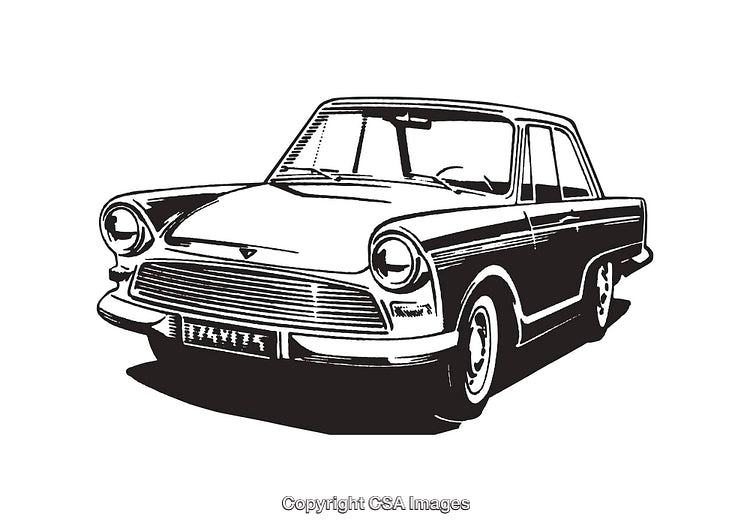 Black and White Illustration of a Classic Vintage Car