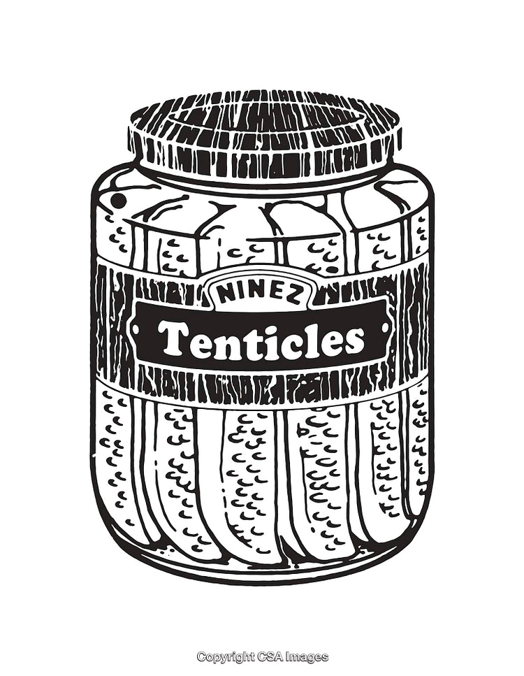 Vintage Illustration of a Jar of Tentacles with Label in Black and White