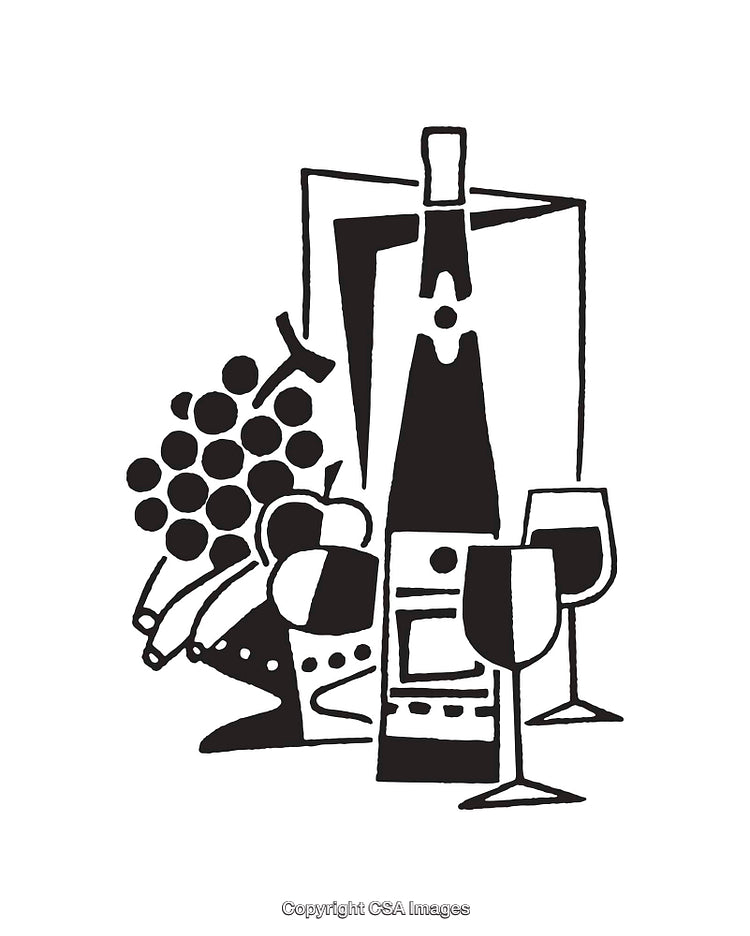 Black and White Line Art Featuring Wine Glasses, Bottle, and Grapes