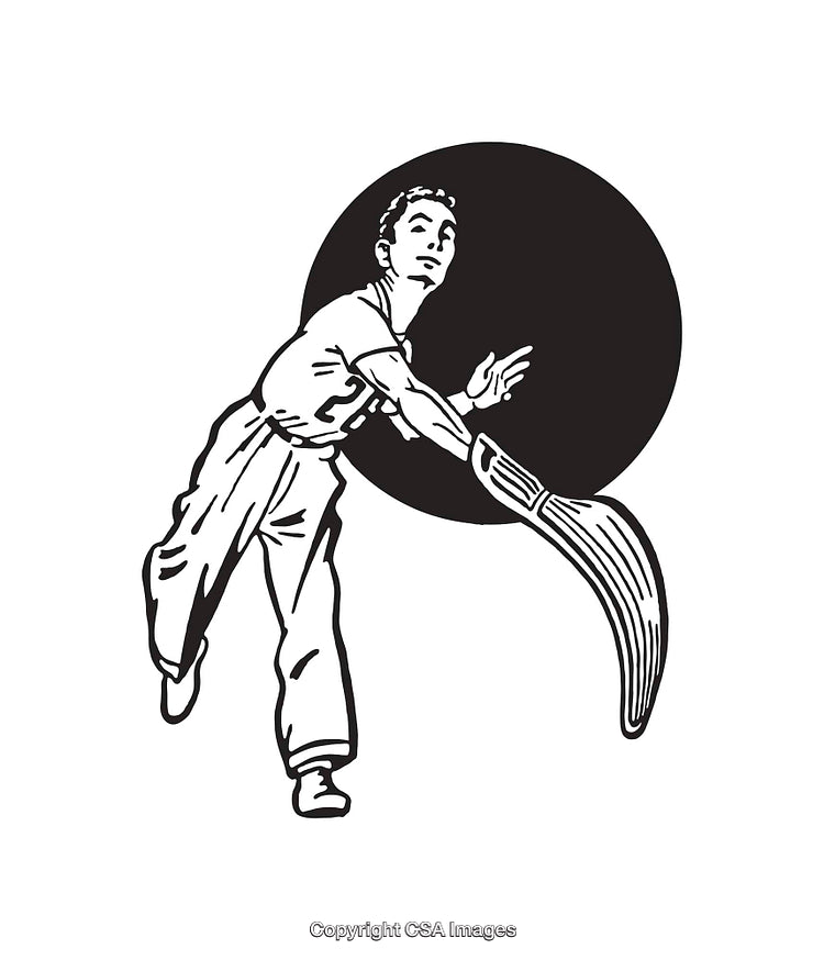 Black and White Line Art of a Person Throwing a Boomerang