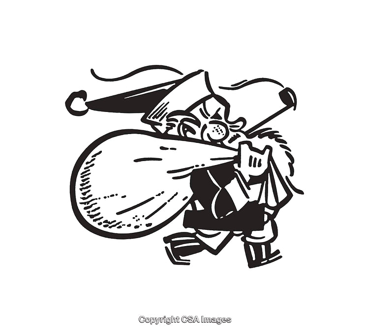 Black-and-White Line Art Christmas Illustration of Santa Carrying a Sack