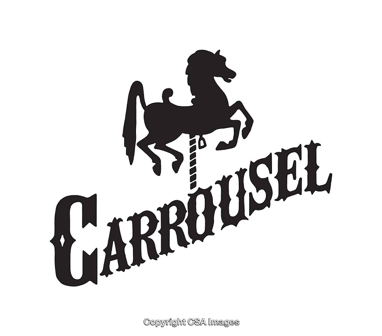 Black and White Carrousel Horse Artwork with Decorative Text
