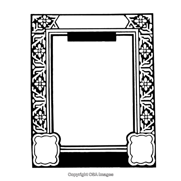 Decorative Black and White Retro Border With Vintage Floral Patterns