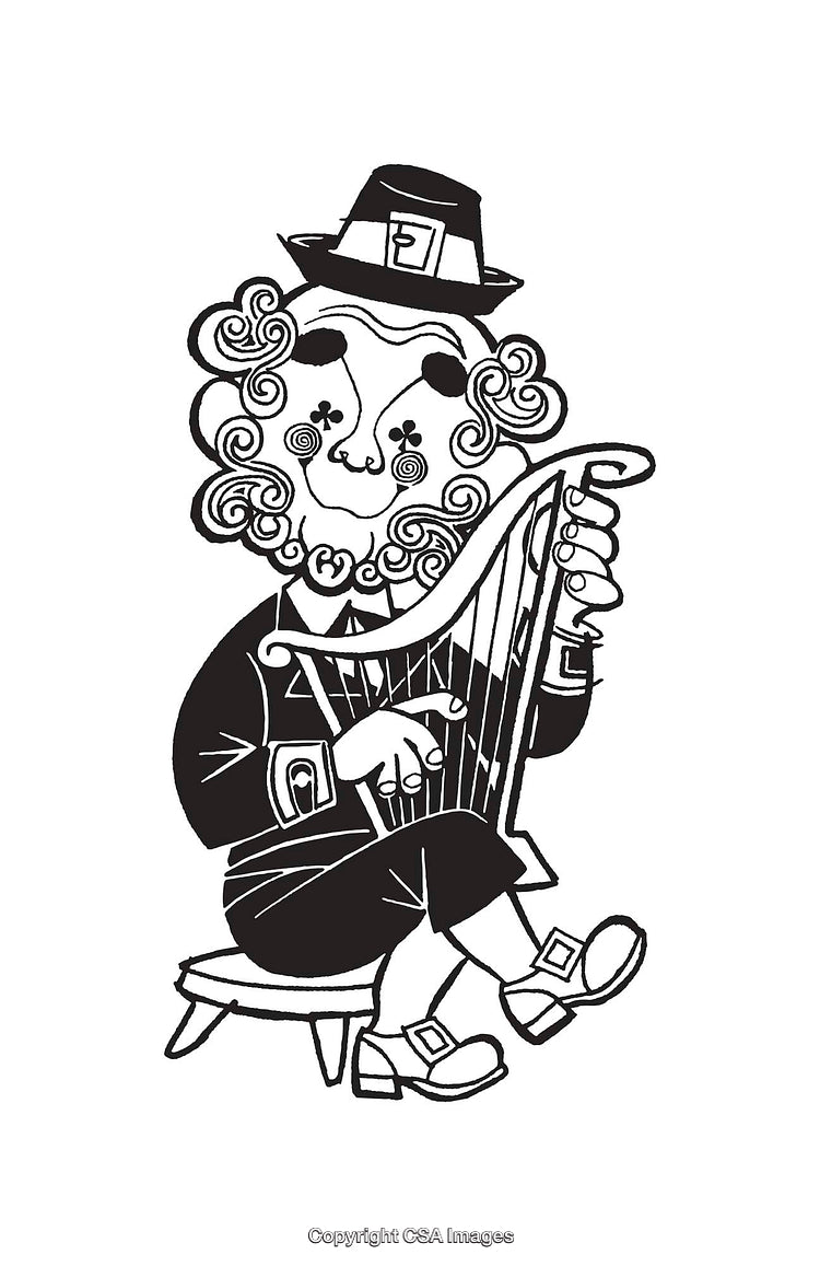 Black and White Line Art of a Character Playing a Harp