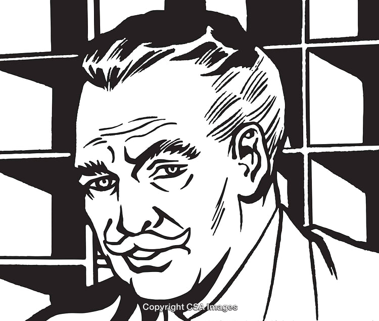 Vintage Black-and-White Illustration of a Distinguished Man with a Thin Mustache