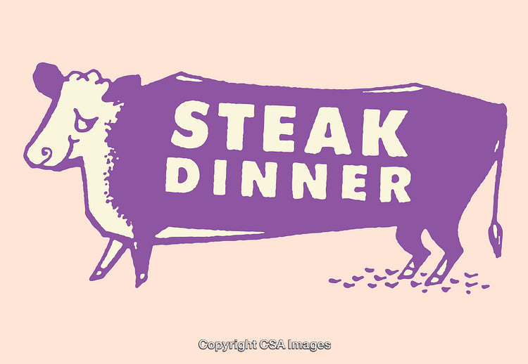 Purple Cow Illustration Featuring the Words Steak Dinner on Pastel Background