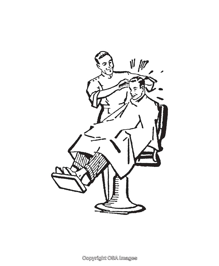 Vintage Line Art Illustration of a Barber and Client During a Haircut