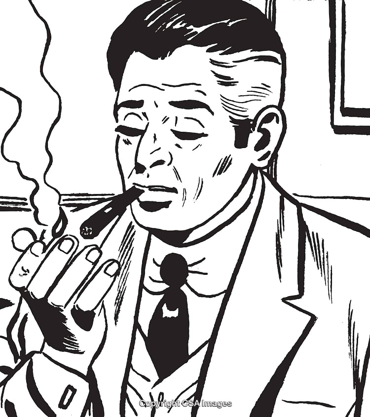 Vintage Illustration of a Man Smoking a Cigar in Black and White