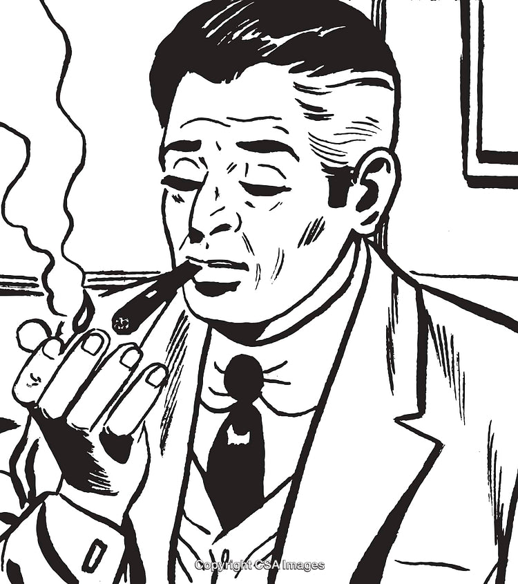 Vintage Illustration of a Man Smoking a Cigar in Black and White