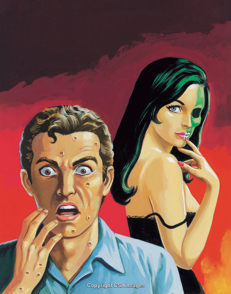 Surreal Artwork Featuring a Surprised Man and a Mysterious Woman with a Half Skull