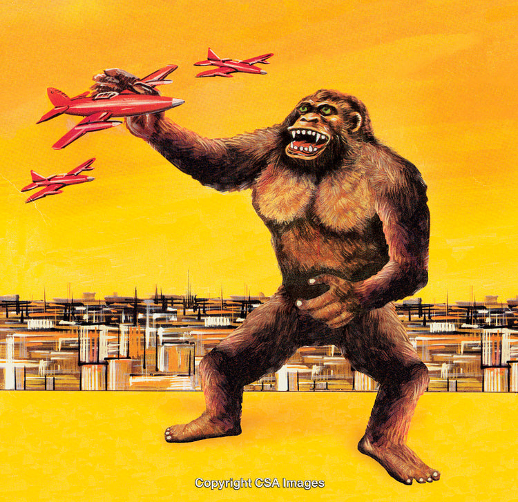 Giant Gorilla Holding Airplane in Vibrant City Skyline Scene