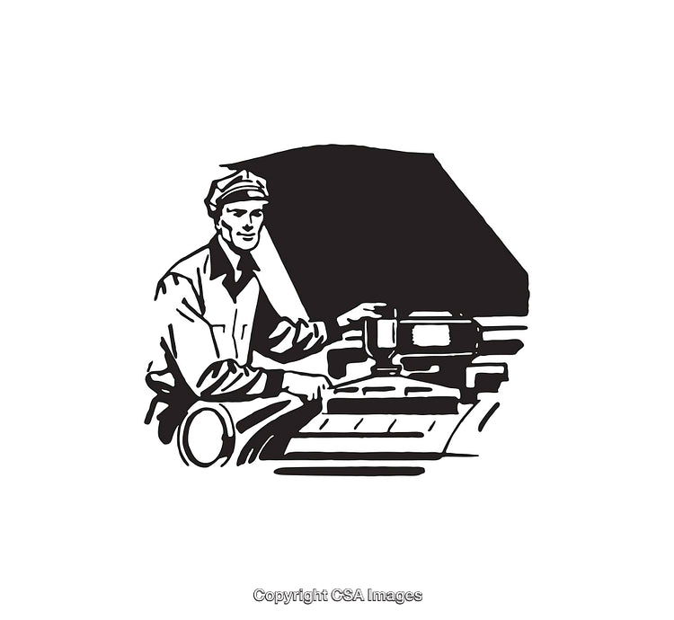 Vintage Black And White Illustration of a Working Man Operating Machinery