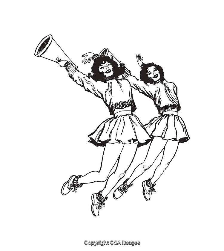 Black and White Line Art of Cheerleaders Jumping Energetically