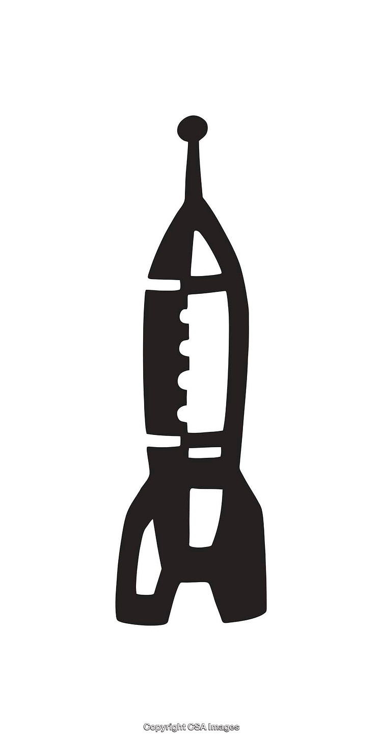 Minimalist Black and White Rocket Line Art Illustration on White Background