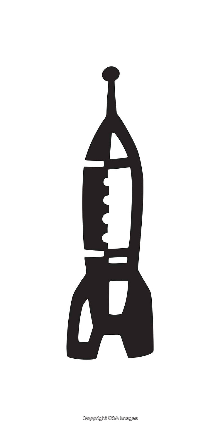 Minimalist Black and White Rocket Line Art Illustration on White Background