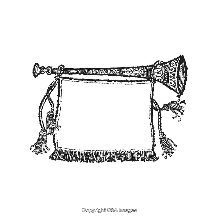 Ornate Trumpet Illustration With Blank Fringed Banner in Black and White
