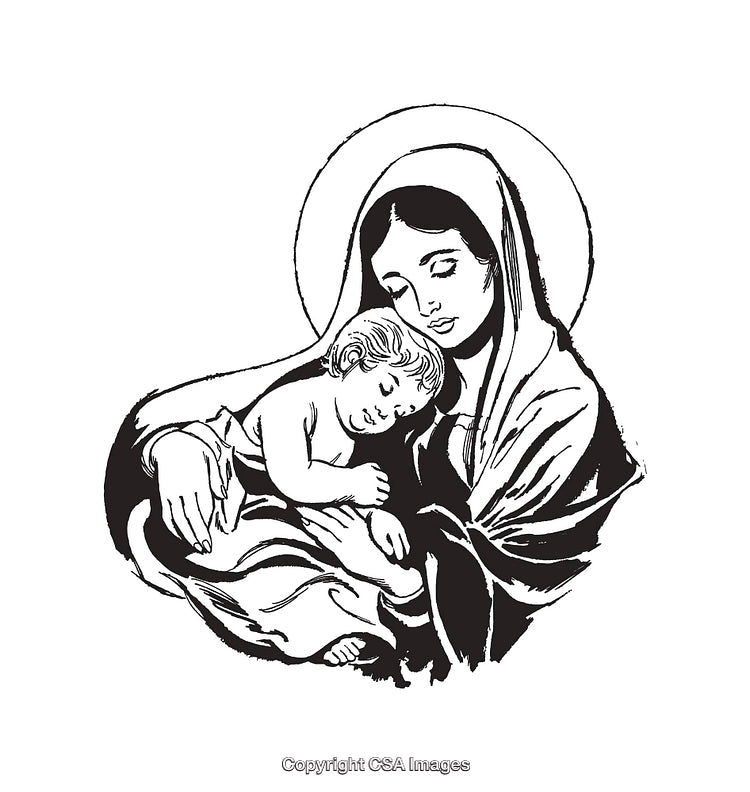 Black and White Line Art Depicting a Mother Holding a Sleeping Child