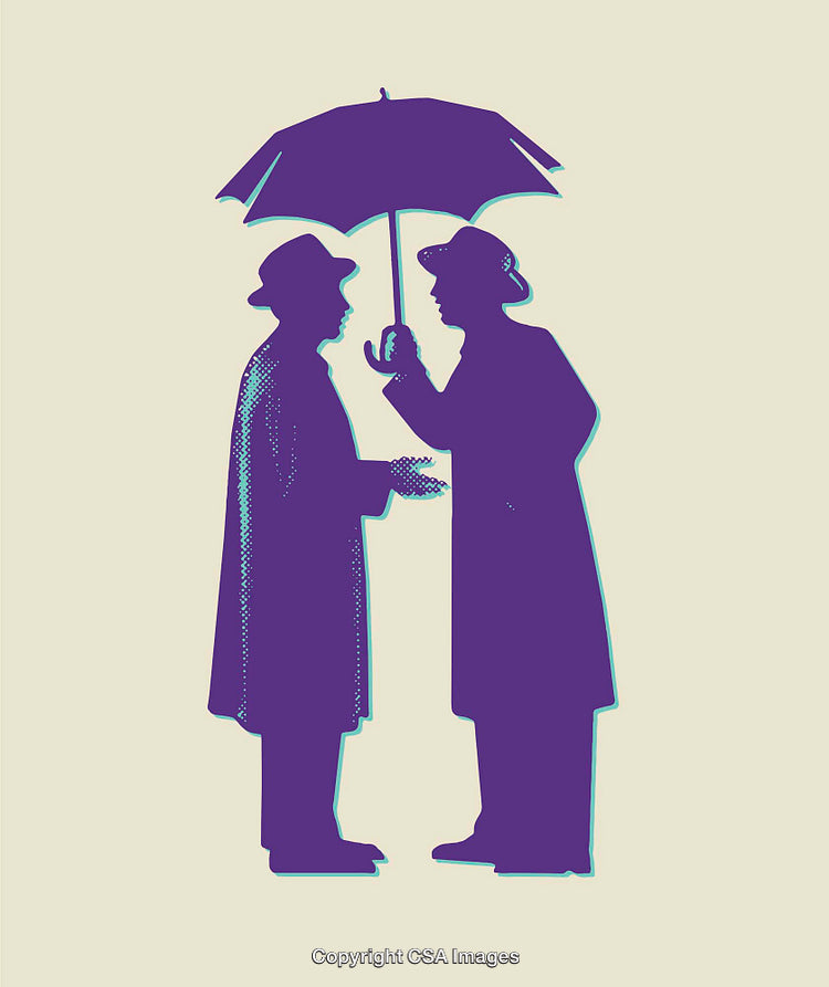 Silhouettes of Two People Conversing Under an Umbrella in Vintage Art Style