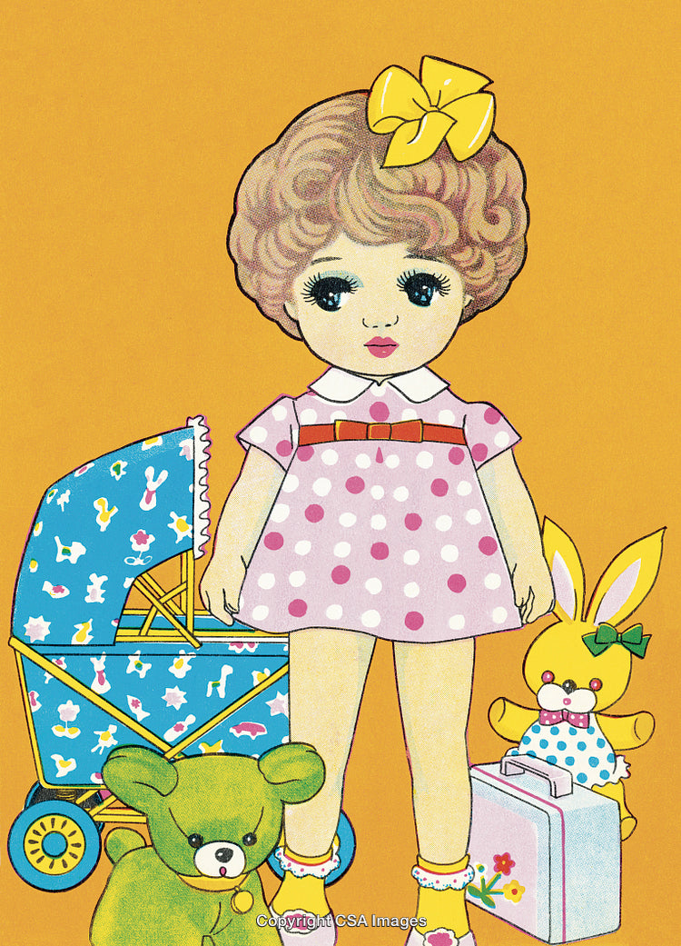 Cute Retro Illustration of a Little Girl with Toys on Yellow Background
