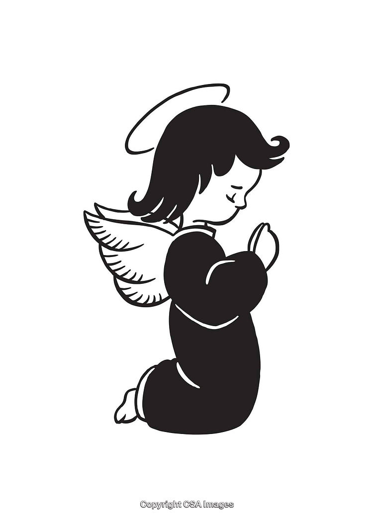 Cute Black and White Illustration of a Praying Angel with Wings and Halo