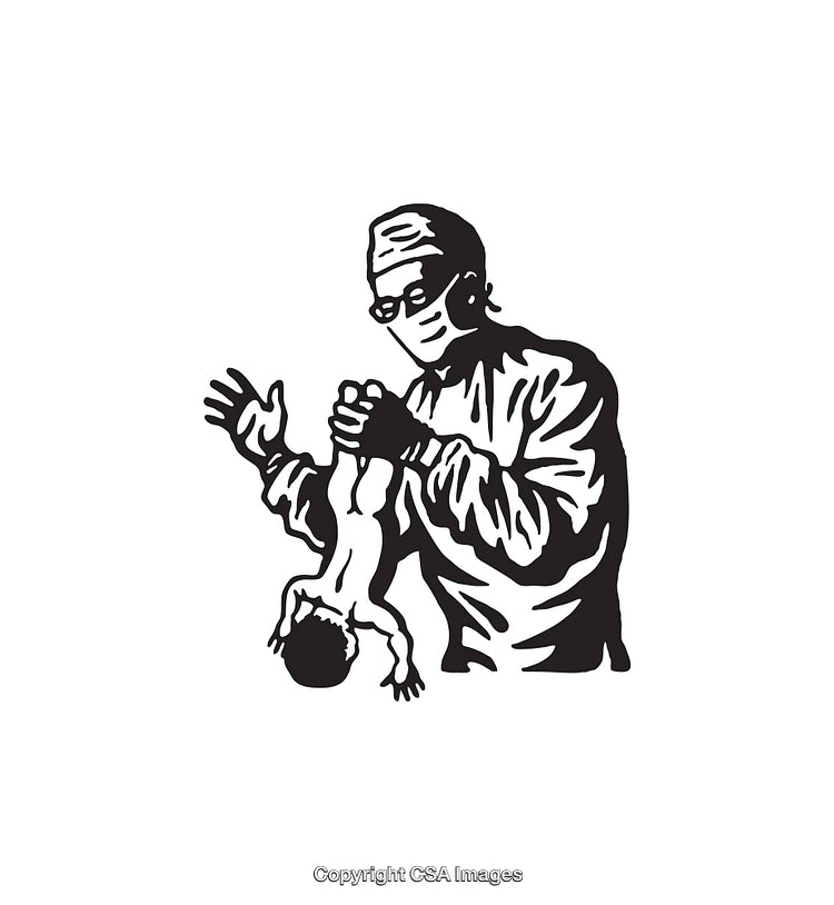 Black and White Line Art Illustrating Doctor Delivering a Newborn Baby