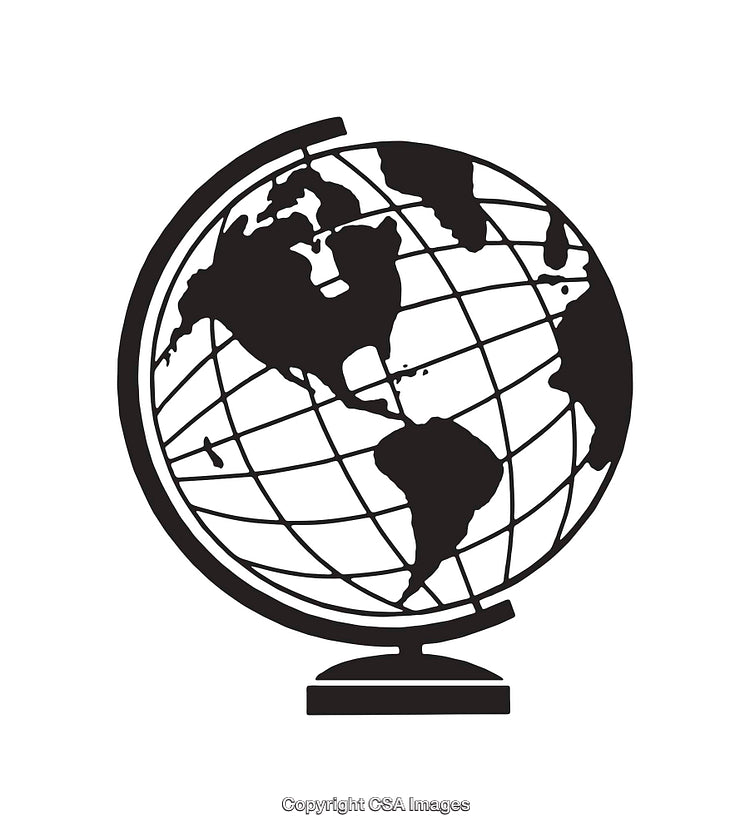 Black And White Illustration Of A Globe Showing Continents