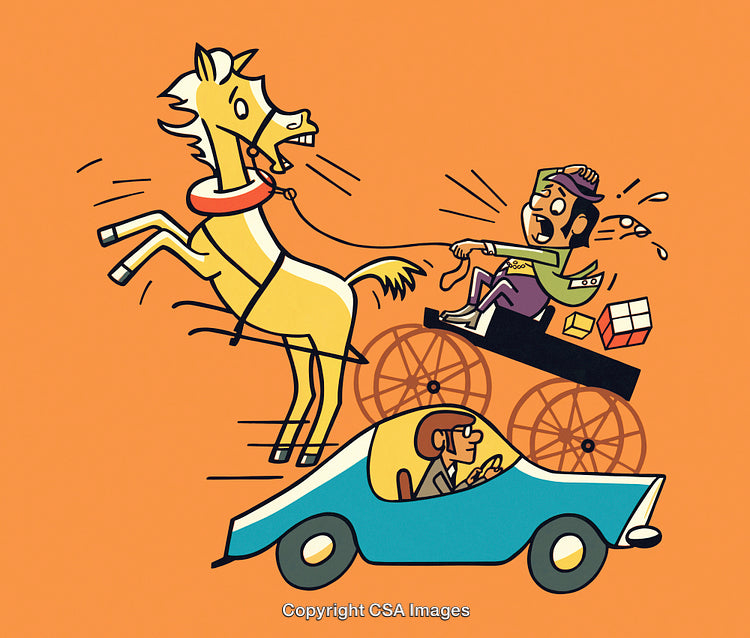 Illustration of a Carriage and Horse in a Chaotic Encounter With a Car