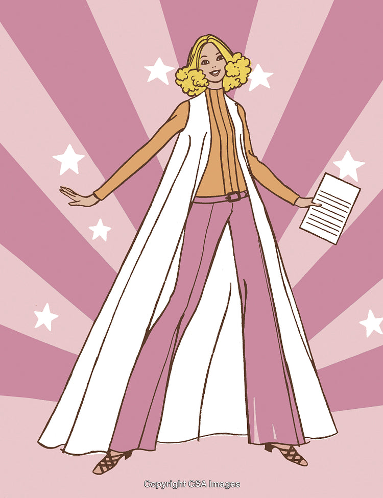 Stylish Superhero Woman Holding Document on Pink Starburst Background