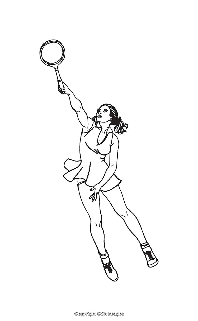 Black and White Line Art Illustration of Female Tennis Player in Action