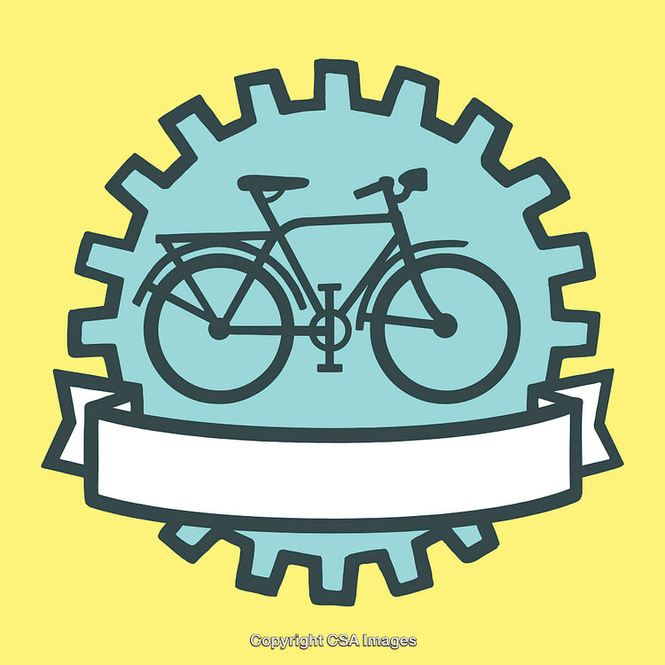 Bicycle Illustration Within Gear Design with Blank Banner on Yellow Background