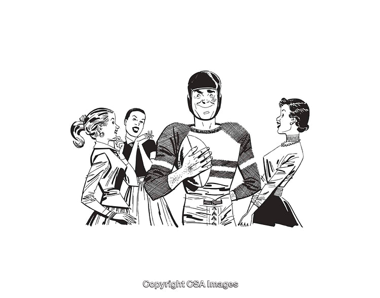 Retro Line Art of Cheerful Football Player Surrounded by Enthusiastic Fans