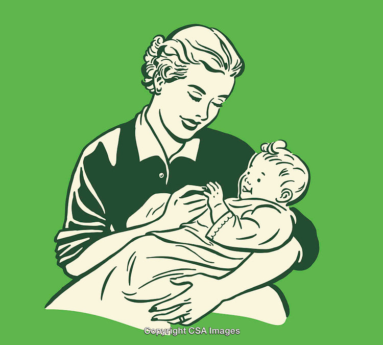 Mother Holding Baby in Loving Line Art Illustration on Green Background