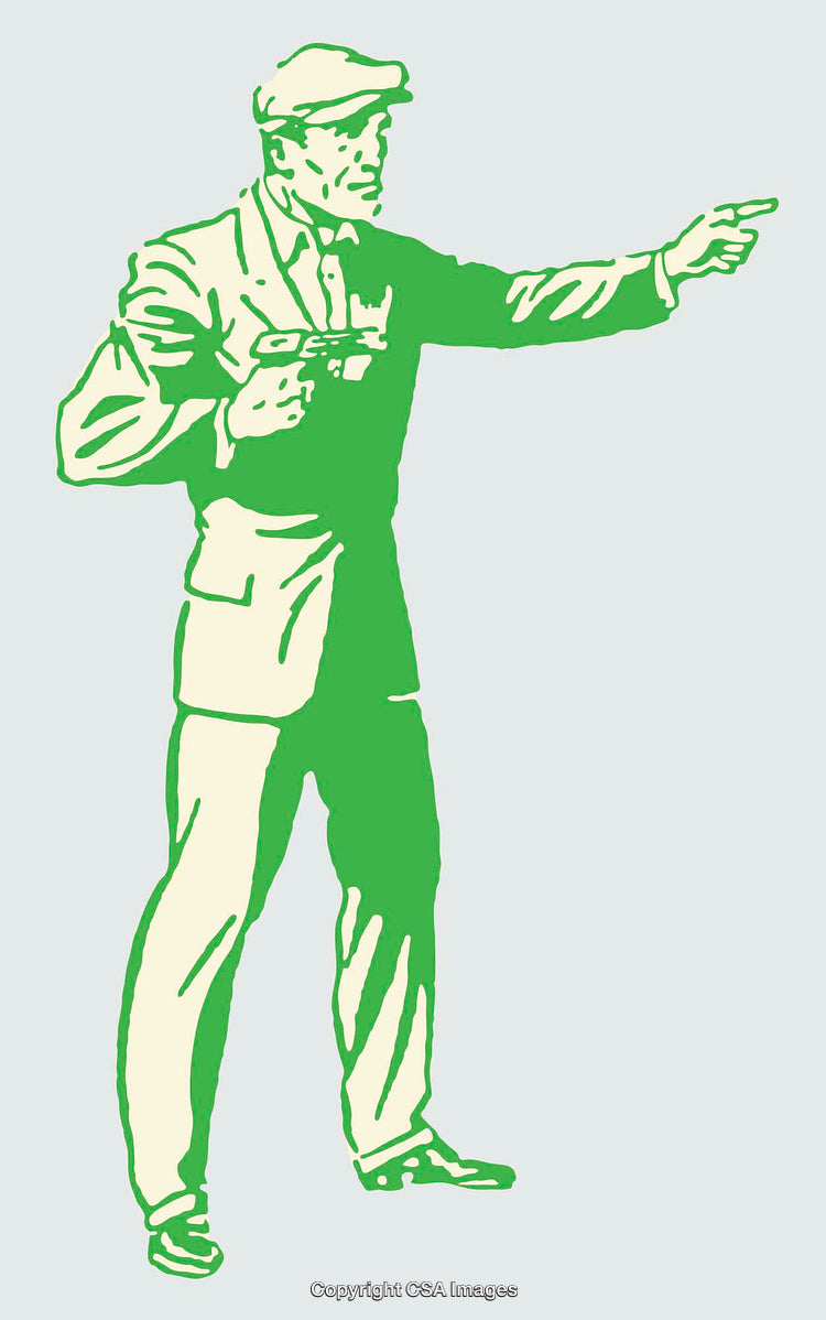 Vintage Green and Beige Line Art of Man Holding Gun and Pointing