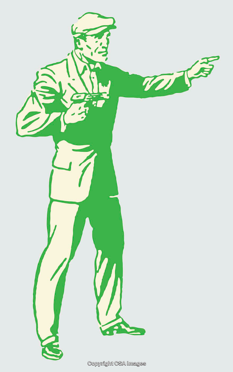Vintage Green and Beige Line Art of Man Holding Gun and Pointing