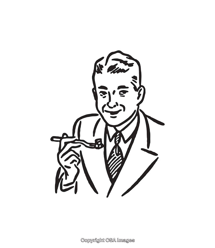 Retro Line Art Drawing of a Smiling Man Holding a Spoon