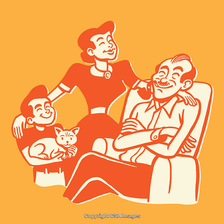 Retro Family Illustration Featuring Parents, Child, and Cat in Vibrant Colors