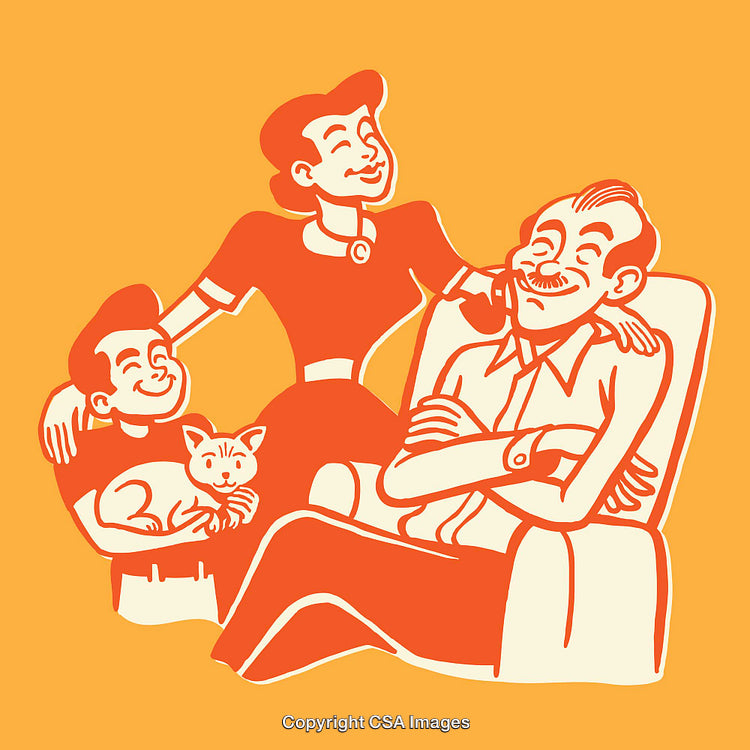 Retro Family Illustration Featuring Parents, Child, and Cat in Vibrant Colors
