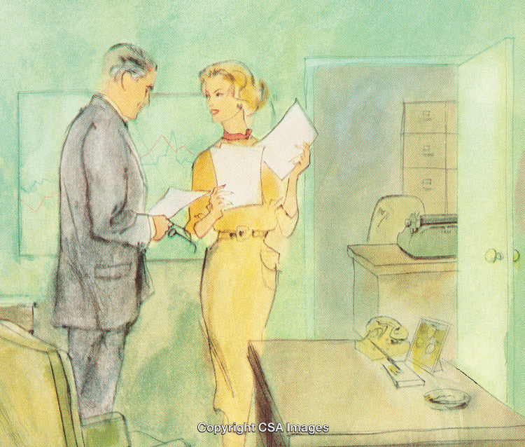 Retro Office Scene with Two Colleagues Reviewing Documents