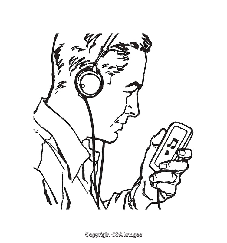 Black and White Illustration of a Person Listening to Music on Headphones