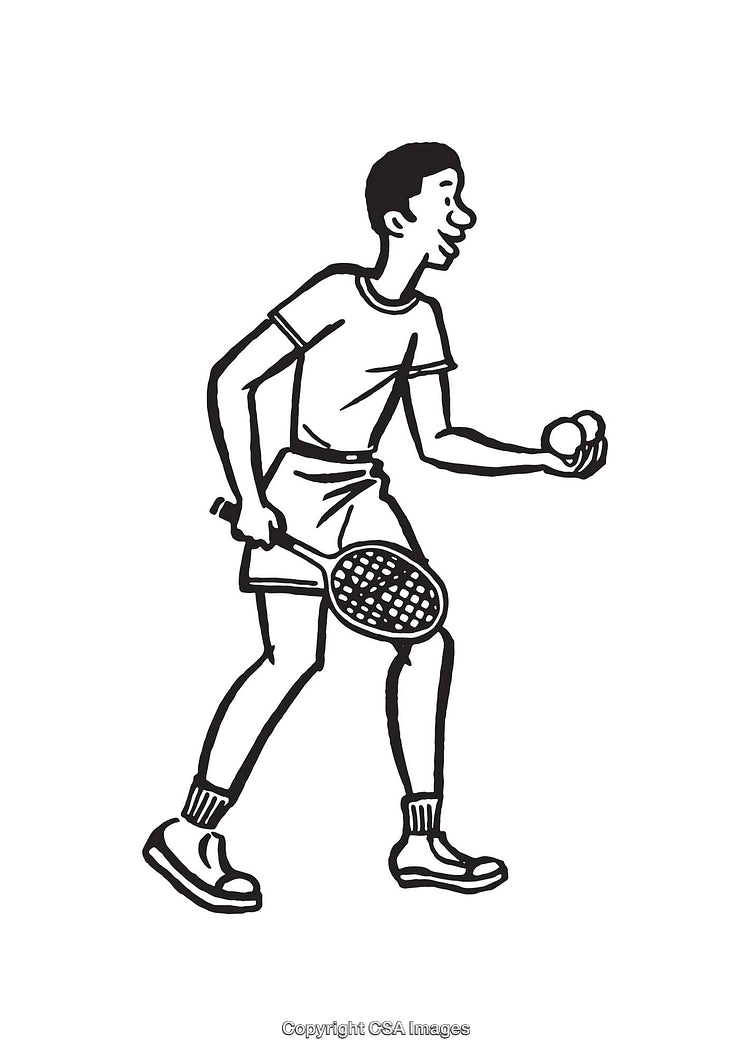 Black and White Line Art Illustration of a Tennis Player with Racket