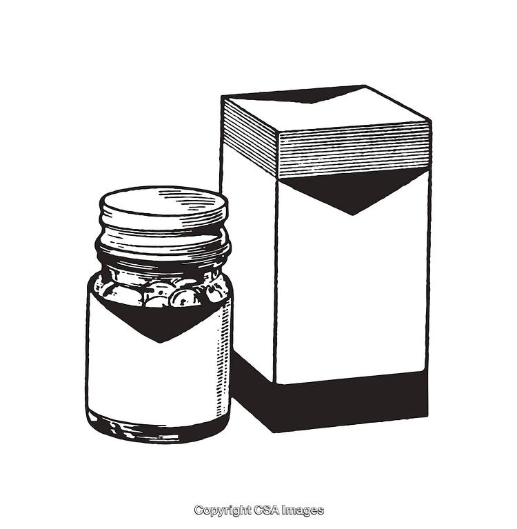 Black and White Line Art of Medicine Bottle and Packaging Box