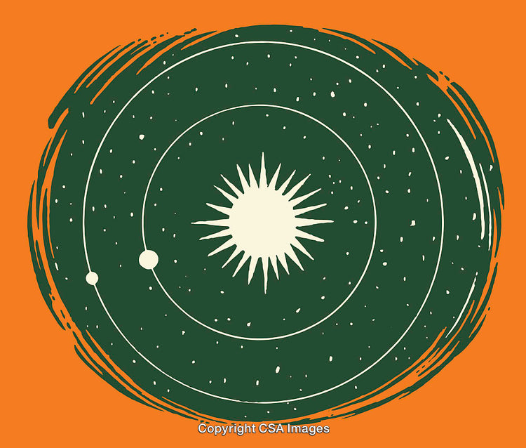 Abstract Celestial Scene with a Bright Sun and Planetary Elements