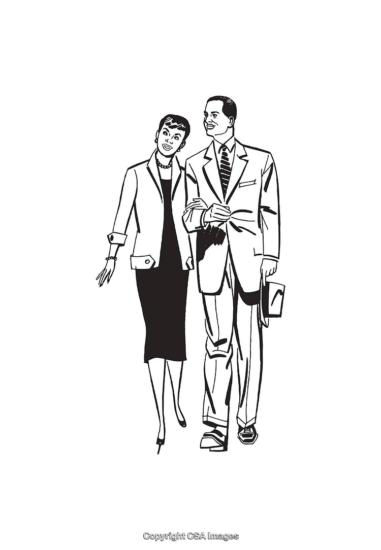 Elegant Black and White Drawing of a Couple Walking Together