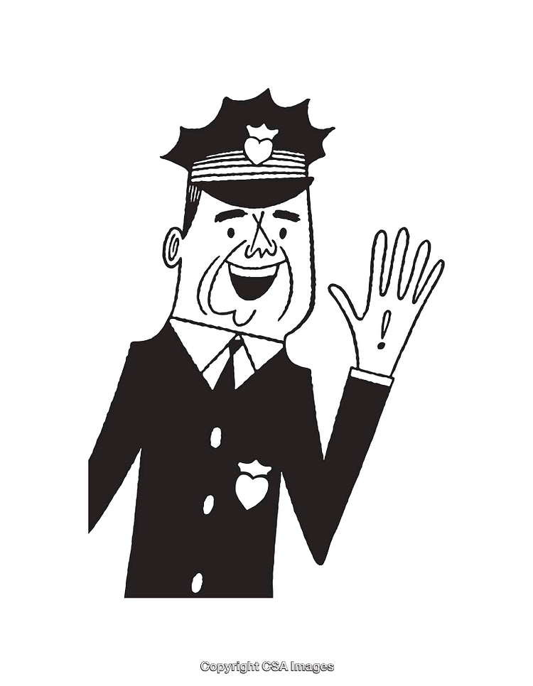 Black and White Cartoon Illustration of a Smiling Police Officer Waving