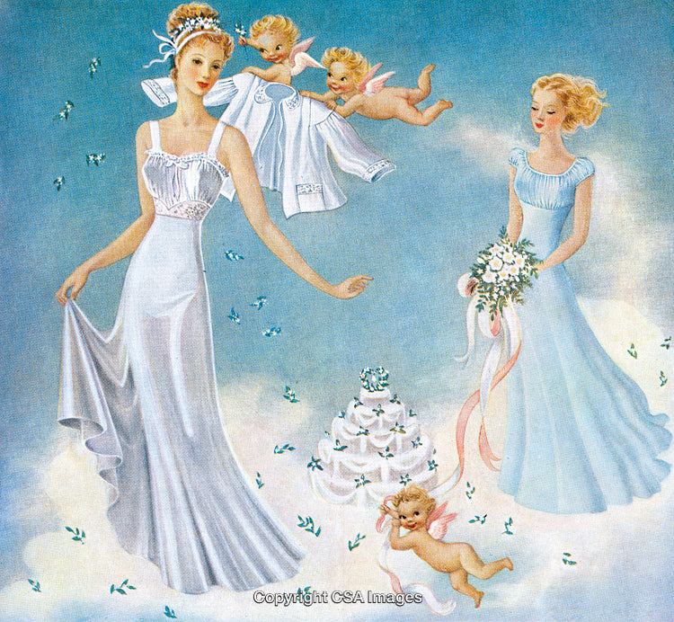 Ethereal Wedding Scene with Angelic Figures and Bride in Cloudy Heavens